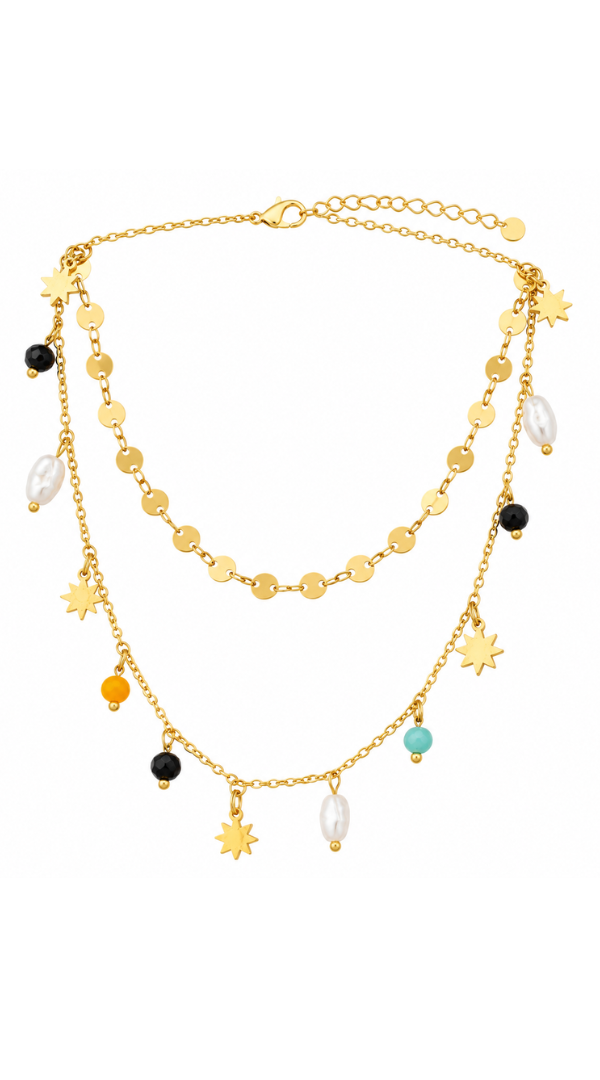 Layered charm necklace featuring mixed chain styles with starburst charms, freshwater pearls, and faceted bead accents on an adjustable chain.