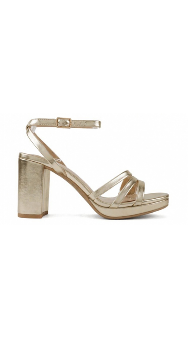 Heeled sandal with multi-strap design, ankle strap, and block heel