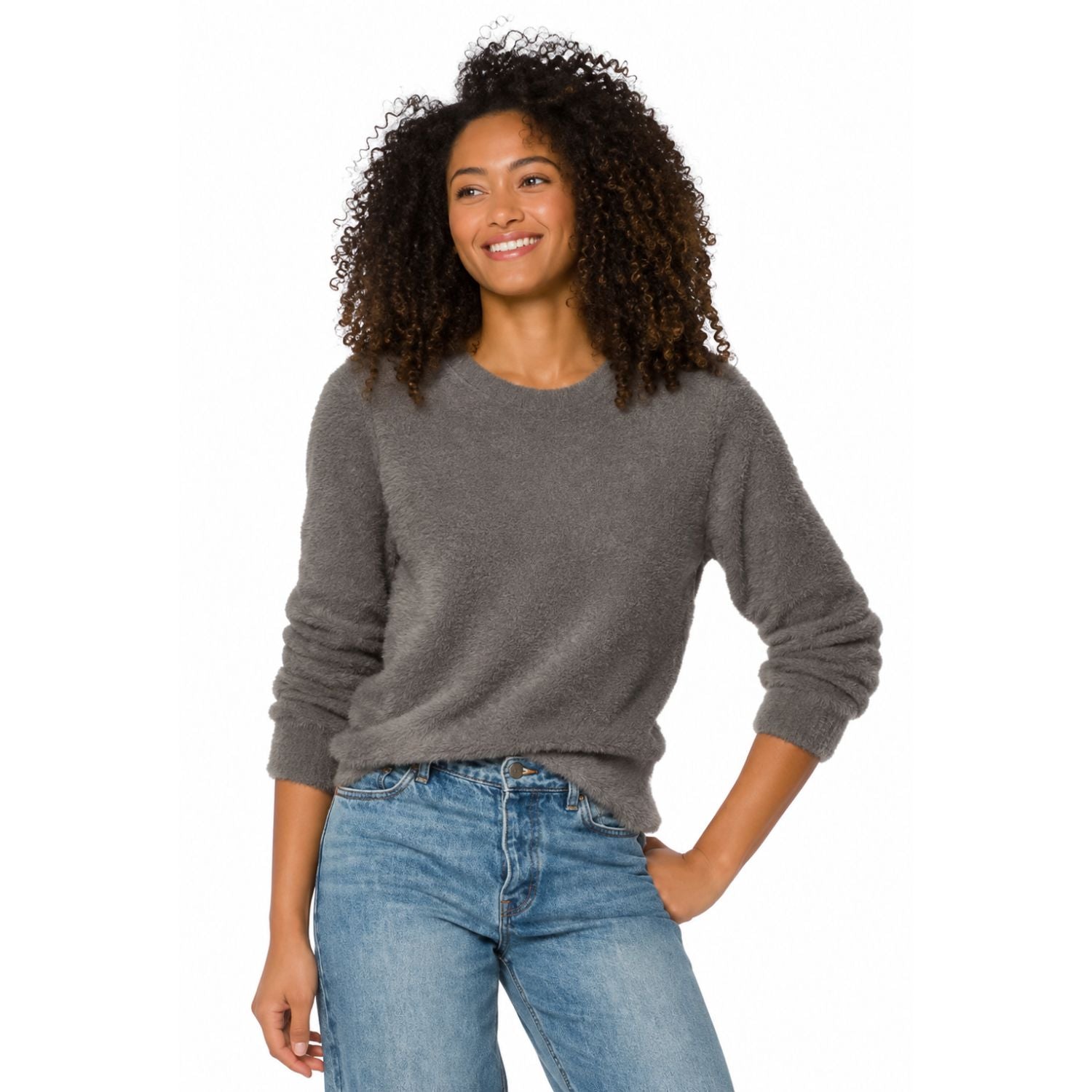 Model wearing the Velvet Heart Zosia Fuzzy Knit Sweater in Carbon Grey, featuring a classic crew neckline, plush fuzzy texture, and ribbed cuffs and hem.