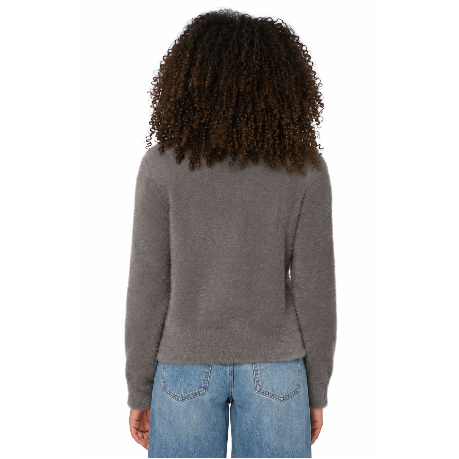 Model wearing the Velvet Heart Zosia Fuzzy Knit Sweater in Carbon Grey, featuring a classic crew neckline, plush fuzzy texture, and ribbed cuffs and hem