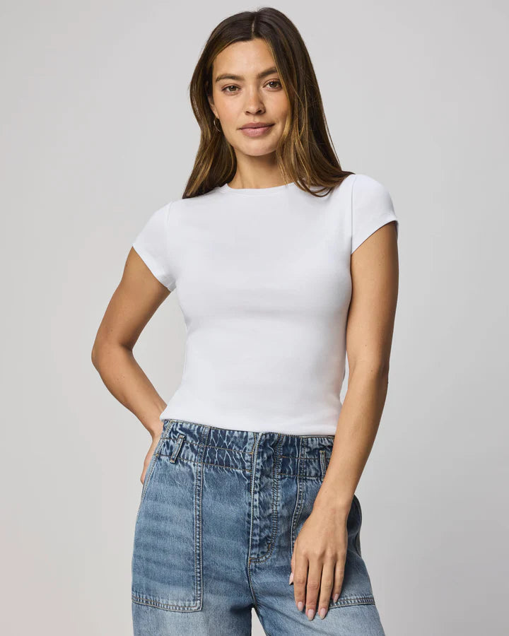 Model wearing a fitted short-sleeve knit tee with a crew neckline, styled with relaxed drawstring pants.