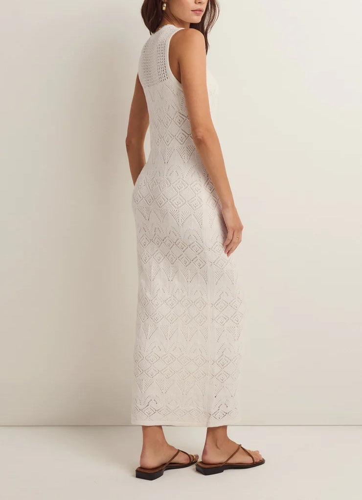 Z Supply Mallorca Midi Dress White. Slip on your fave sandals and grab a wide brimmed hat! The Mallorca Midi Dress is ready to head outside with you this season, elevating your casual look with its flirty mesh neckline and body skimming fit.