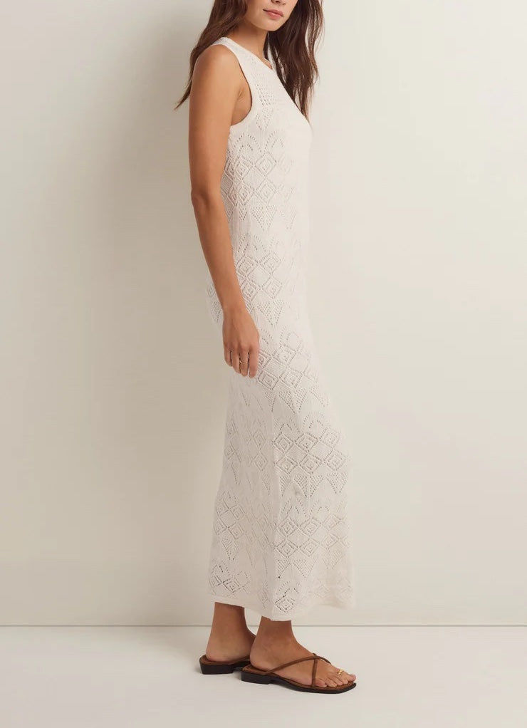 Z Supply Mallorca Midi Dress White. Slip on your fave sandals and grab a wide brimmed hat! The Mallorca Midi Dress is ready to head outside with you this season, elevating your casual look with its flirty mesh neckline and body skimming fit.