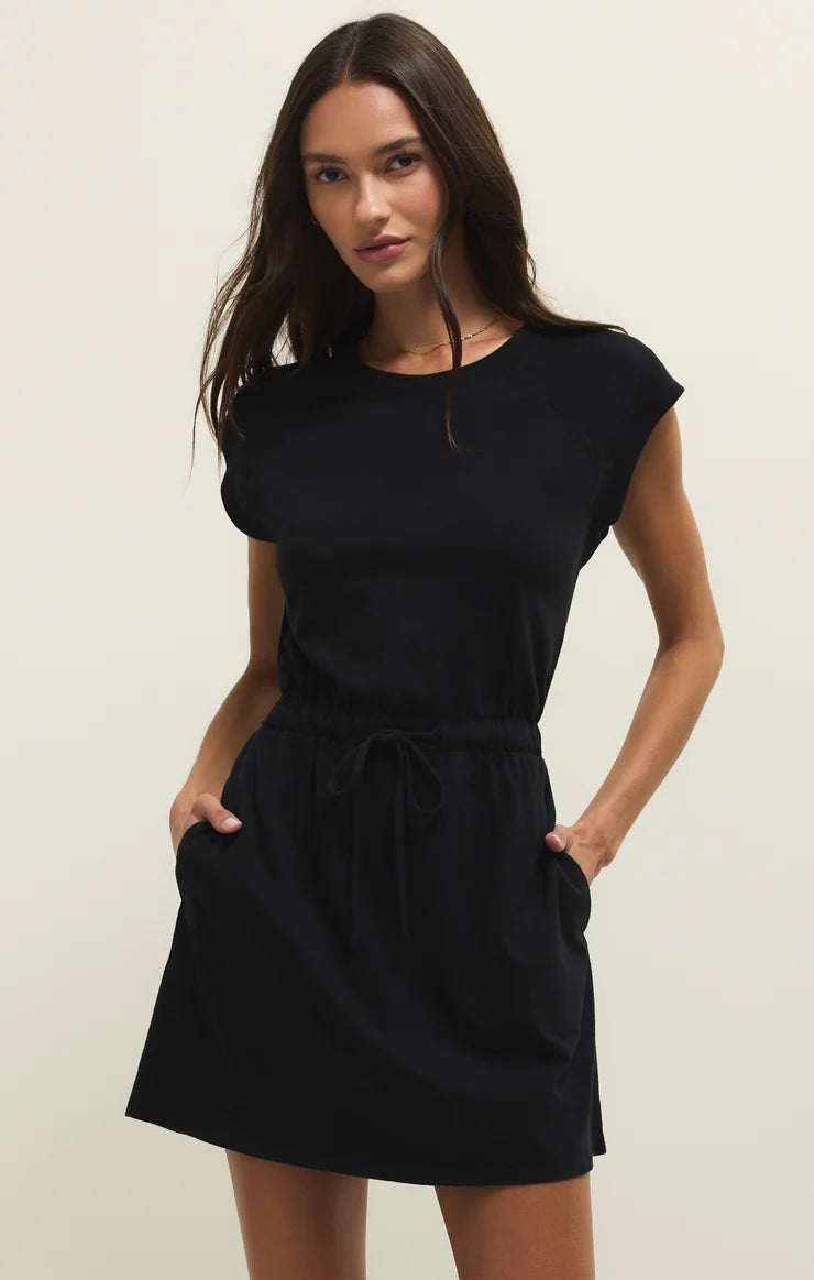 Mini dress with short sleeves, drawstring waist, and relaxed fit