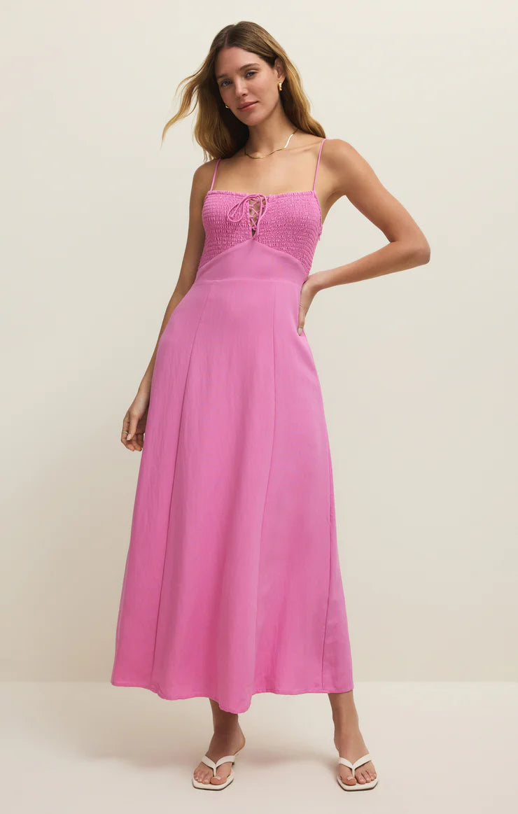Smocked bodice maxi dress with lace-up front and thin straps