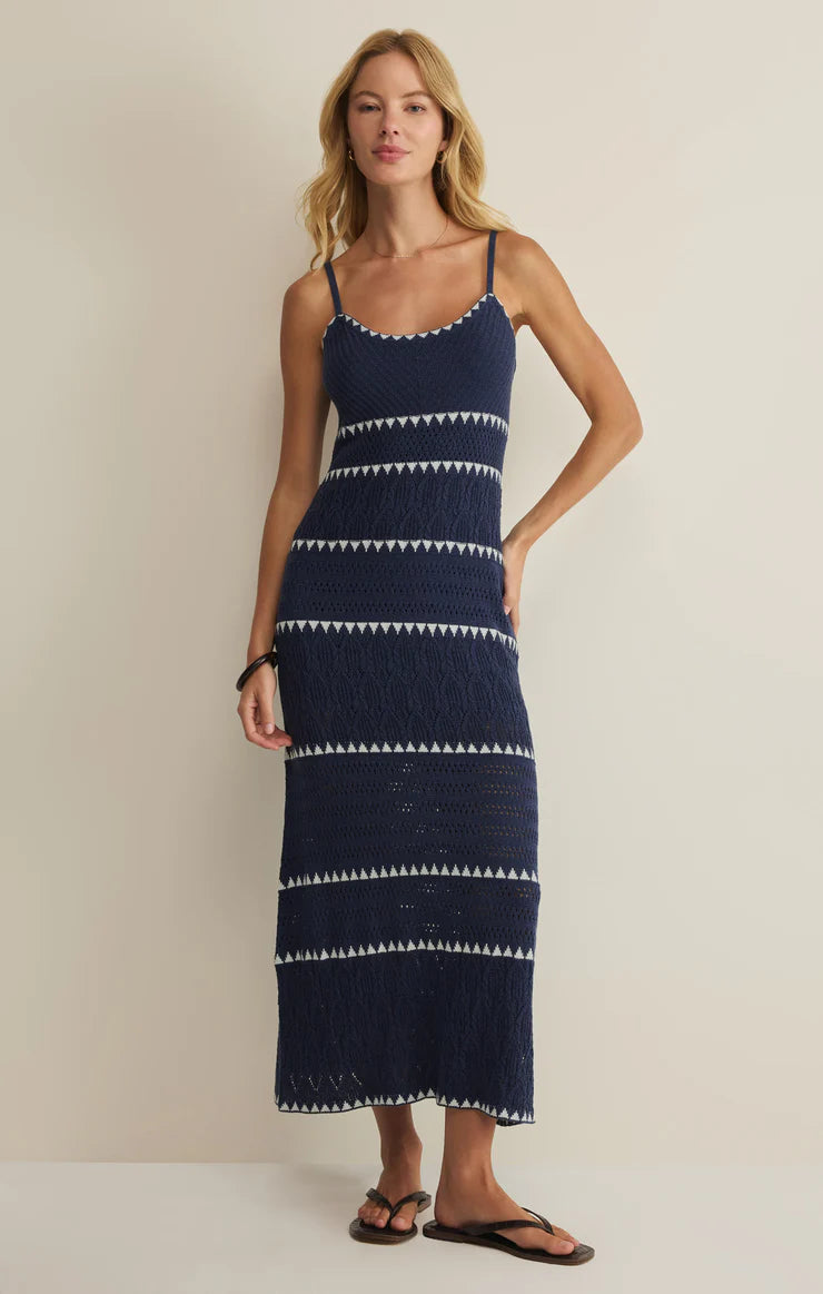 Women's crochet midi dress with spaghetti straps, fitted silhouette, and open-knit stripe detailing.