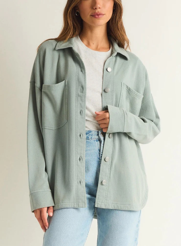 Z Supply All Day Knit Jacket Worn Jade. Let us introduce you to the All Day Knit Jacket, so soft and comfy, this oversized button front shirt jacket can be worn open or buttoned for a versatile layer you'll want to live in.