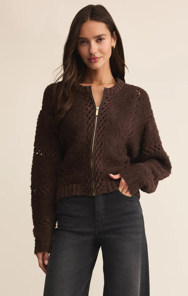 brown zip sweater, boucle cardigan, crochet detail sweater, cozy knit, fall sweater, zip front cardigan, Whim sweater, textured knit, chocolate brown sweater, everyday layers