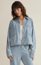 women’s shacket, denim shacket, casual jacket, lightweight jacket, layering piece, everyday jacket, relaxed fit jacket, boutique jacket, women’s outerwear, casual outerwear, soft jacket, transitional jacket, lounge jacket, trendy jacket, modern layering top, women’s casual wear, boutique outerwear, everyday layer