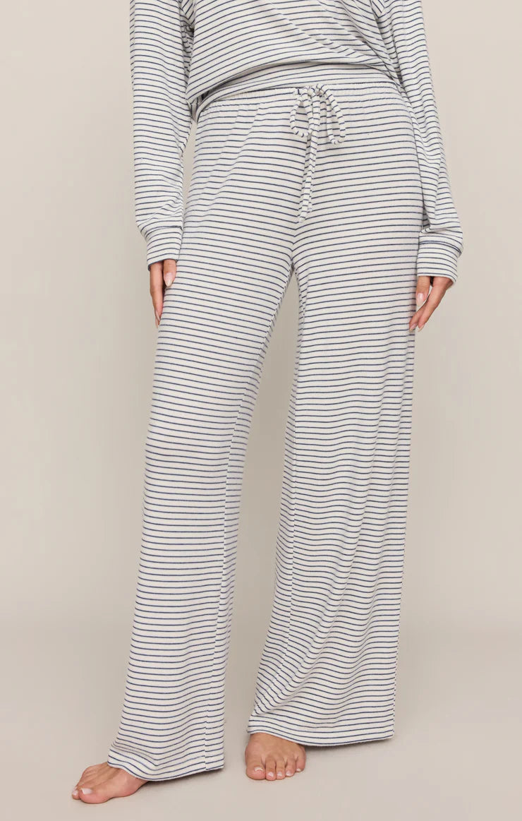 Soft striped wide-leg lounge pants with an adjustable drawstring waistband and a relaxed, comfortable fit.