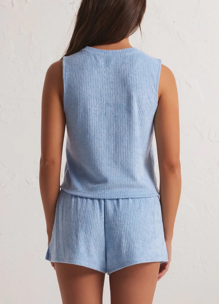 Z Supply Libby Rib Terry Tank Blue Jay. This comfy rib terry fabric makes this tank perfect for running around town or lounging around. We love it as a set with the Favorite Rib Terry Short.