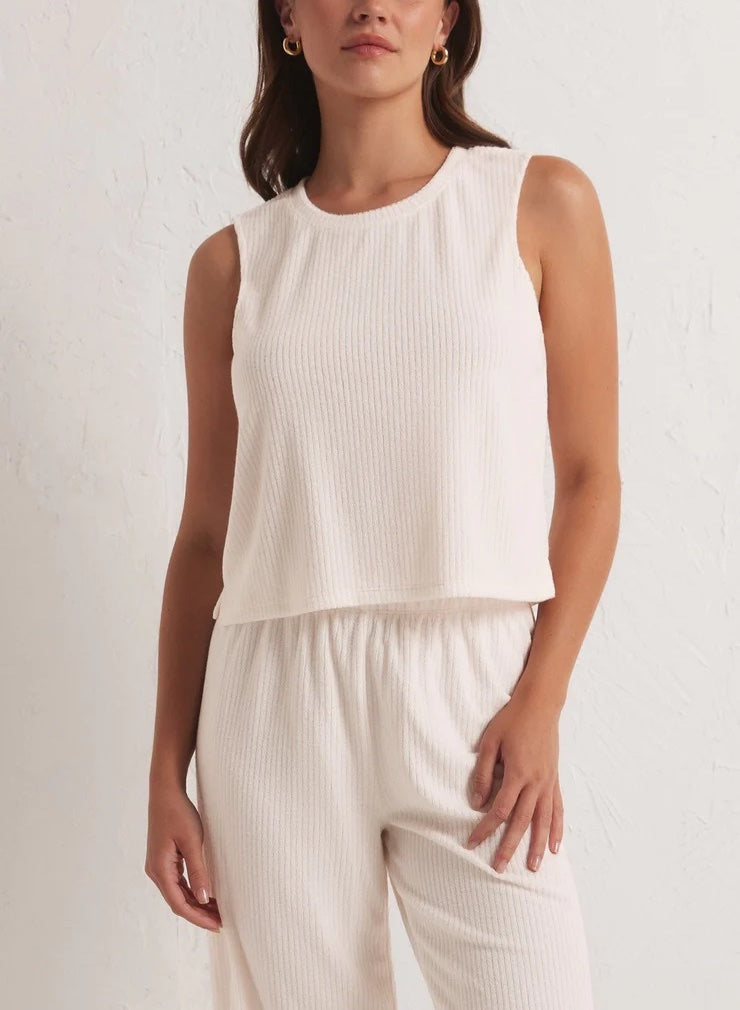 Z Supply Libby Rib Terry Tank Cloud Dancer. This comfy rib terry fabric makes this tank perfect for running around town or lounging around. We love it as a set with the Favorite Rib Terry Short.
