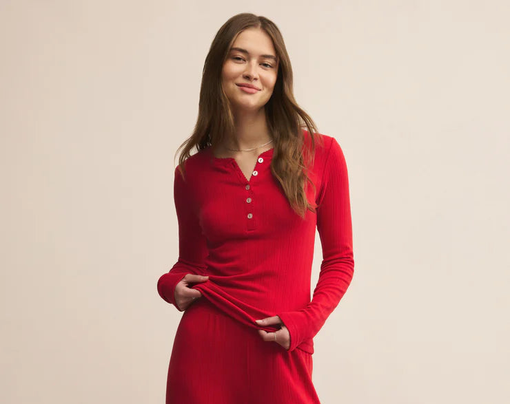 red ribbed Henley shirt, holiday red knit top, matching ribbed set top, cozy red long sleeve women’s top, boutique ribbed knit top, women’s lounge Henley, bright red knit Henley