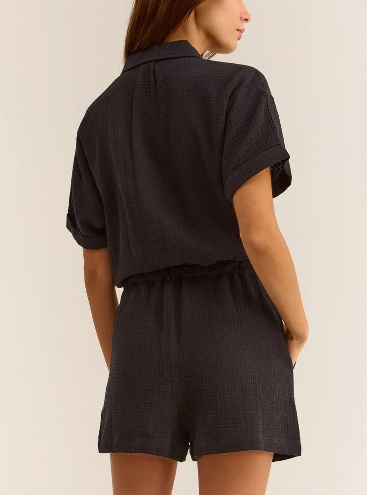 Z Supply Lookout Gauze Romper Black. You're going to live in this romper! Made in an elevated double gauze fabric, this romper is so comfy, you'll want more than one.