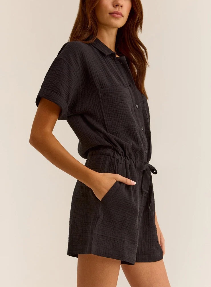 Z Supply Lookout Gauze Romper Black. You're going to live in this romper! Made in an elevated double gauze fabric, this romper is so comfy, you'll want more than one.