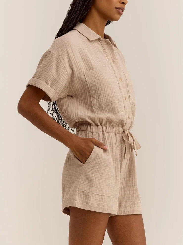 Z Supply Lookout Gauze Romper Putty. You're going to live in this romper! Made in an elevated double gauze fabric, this romper is so comfy, you'll want more than one.