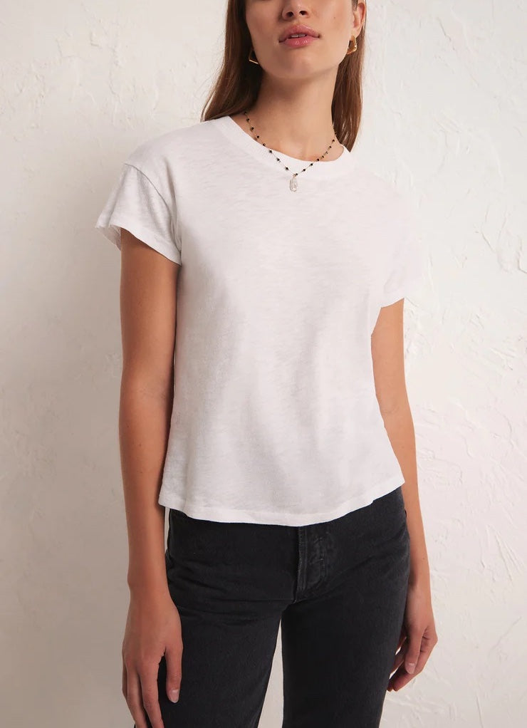 Z Supply Modern Slub Tee White. This Essential tee is a must-have in every closet! This casual wardrobe base-layer essential is great for layering and looks so good with your fave pair of jeans.
