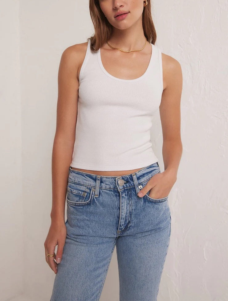 Z Supply Essy Rib Top White. Say hello to your new staple tank, The Essy Rib Top is easy to layer and is one of those bra-friendly basics you can wear all season.