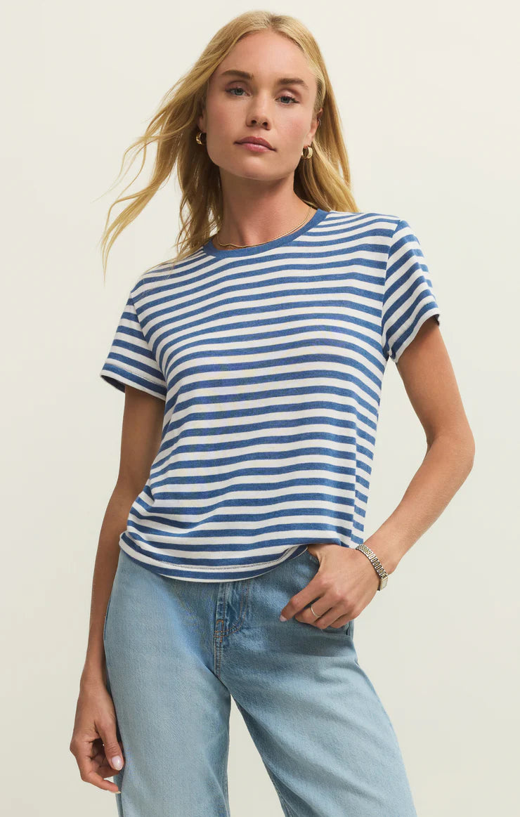striped tee, classic striped t shirt, everyday essential tee, casual striped top, relaxed fit t shirt, timeless basics, boutique basics top, crewneck tee, lightweight t shirt, effortless everyday style, womens boutique fashion, casual chic tee, modern basics, easy outfit staple