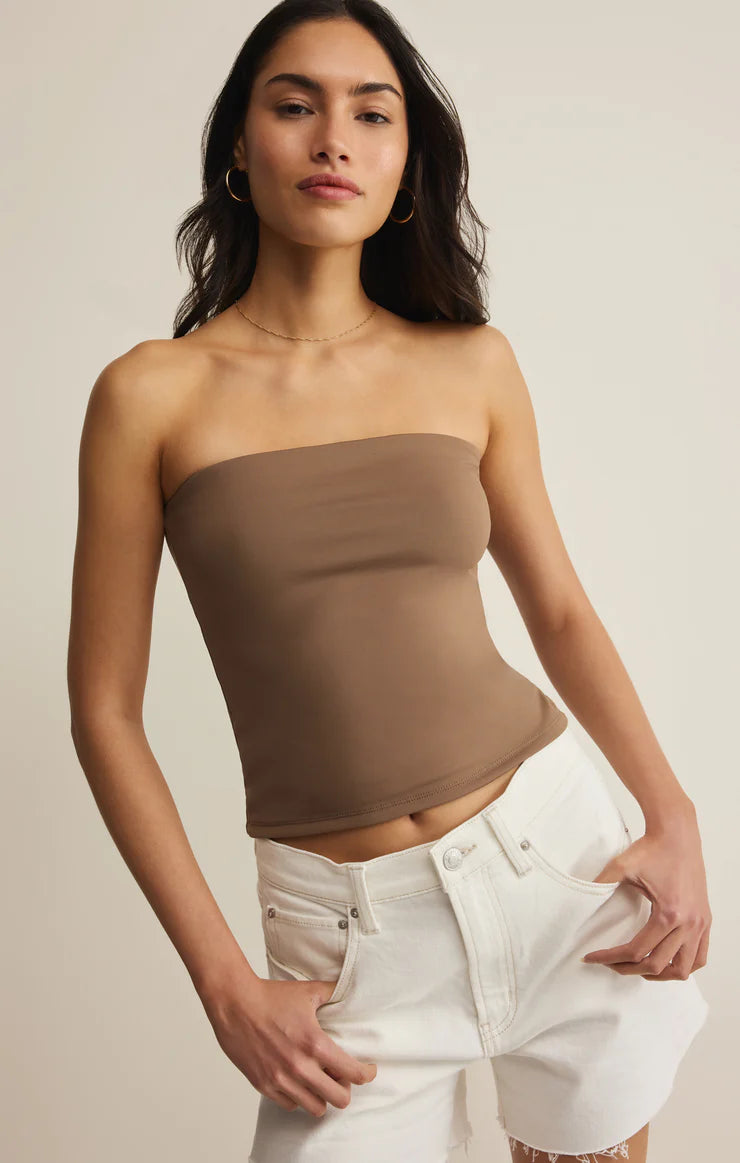 Strapless fitted tube top with a smooth stretchy fit and clean minimalist silhouette.
