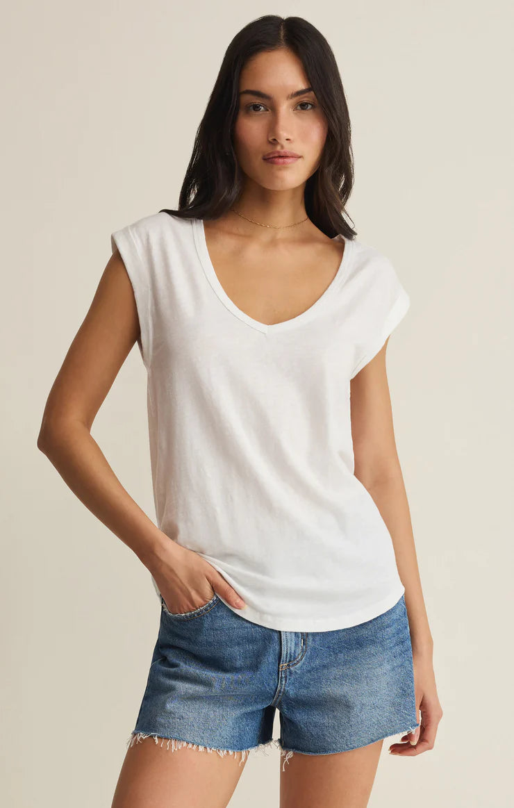 Relaxed v-neck t-shirt with cap sleeves styled with denim shorts