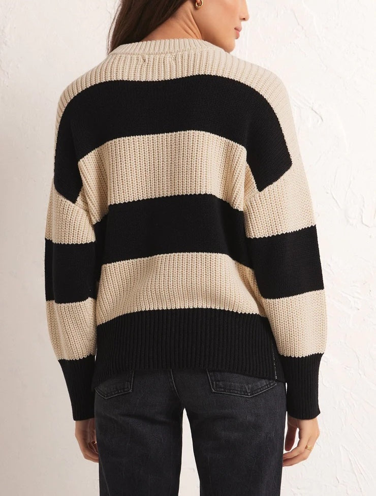 Z Supply Fresca Stripe Sweater Black Beige. The Fresca Stripe Sweater features a timeless wide yarn dye stripe design. Wear it tucked or untucked, this pullover is a versatile statement style you'll enjoy wearing year-round.