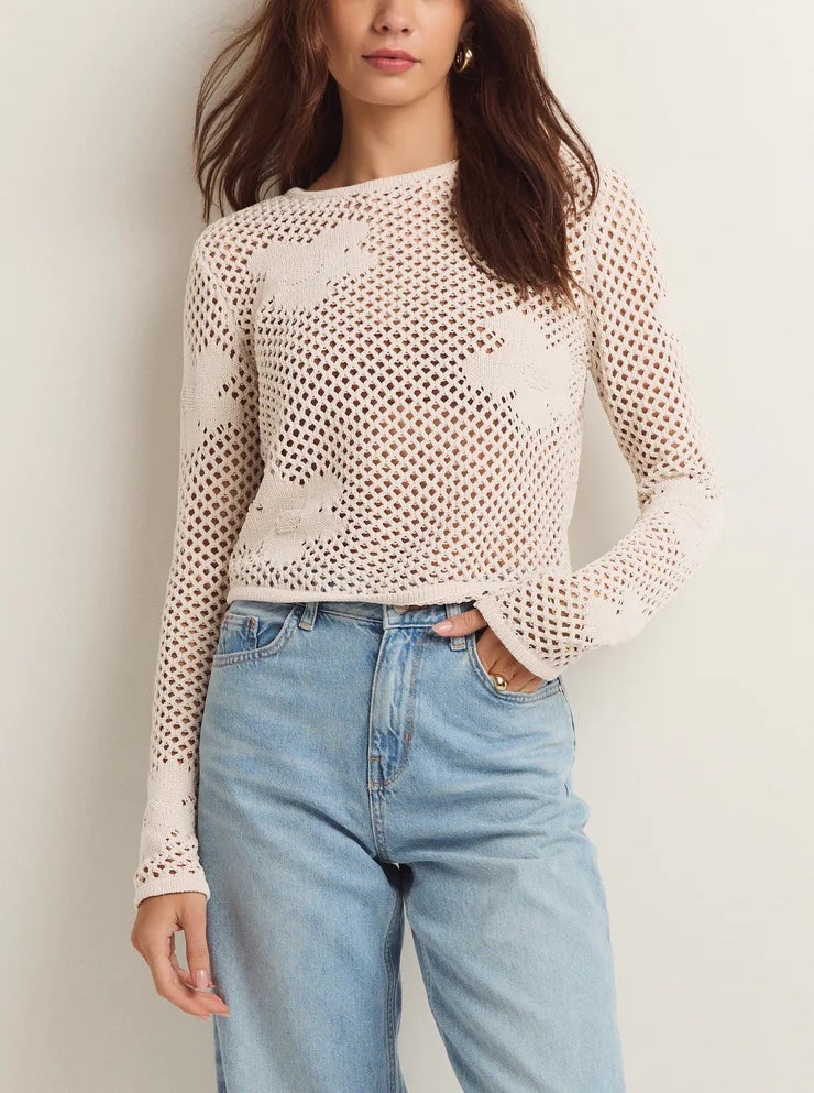 Z Supply Blossom Floral Sweater Natural. The 90's are making a comeback and we're all about the Blossom Floral Sweater. Perfect for warm weather and layering, this sweater features open mesh netting with feminine floral details.