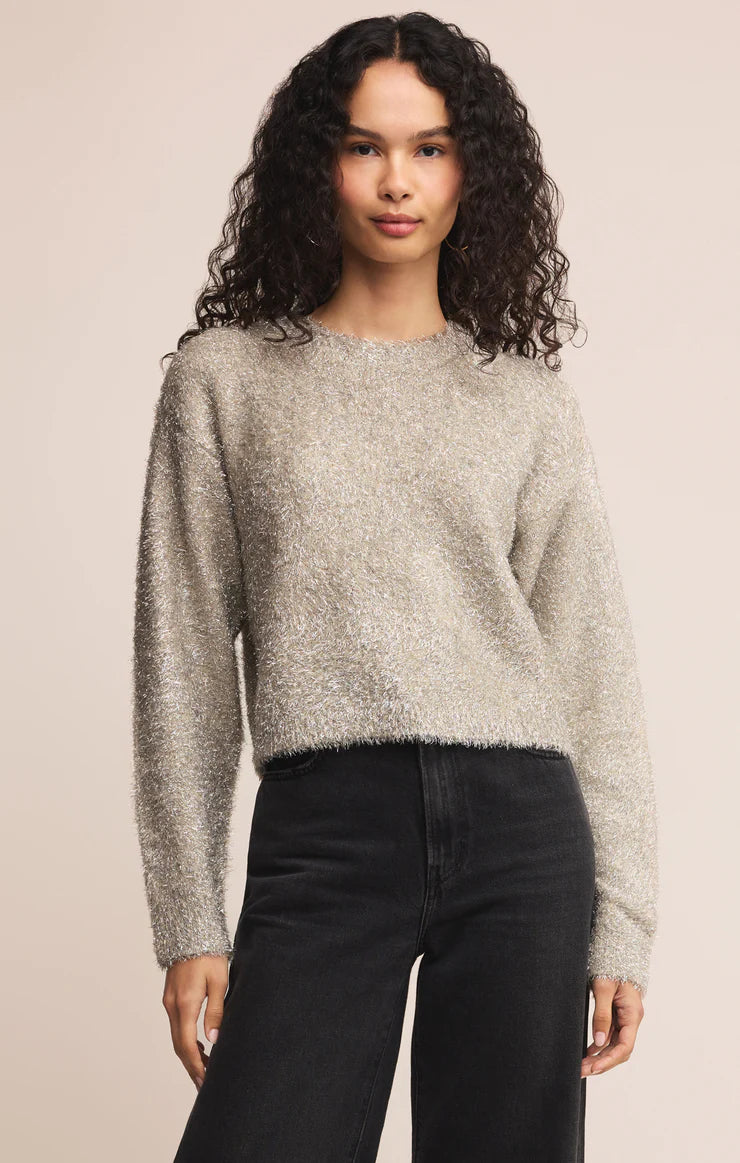 metallic fuzzy knit top, holiday shimmer sweater, cozy glam sweater for women, silver sparkle sweater, cropped silver sweater, boutique holiday sweater, festive winter sweater