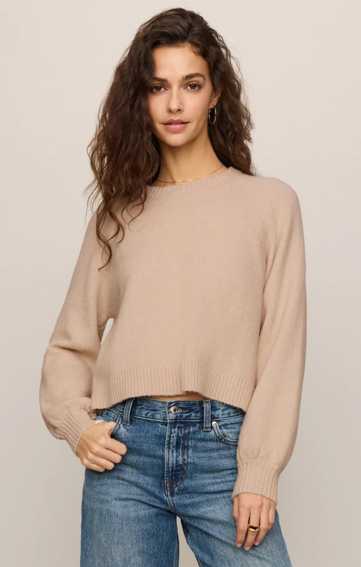 Relaxed crewneck sweater with long sleeves, cropped silhouette, and ribbed trim.