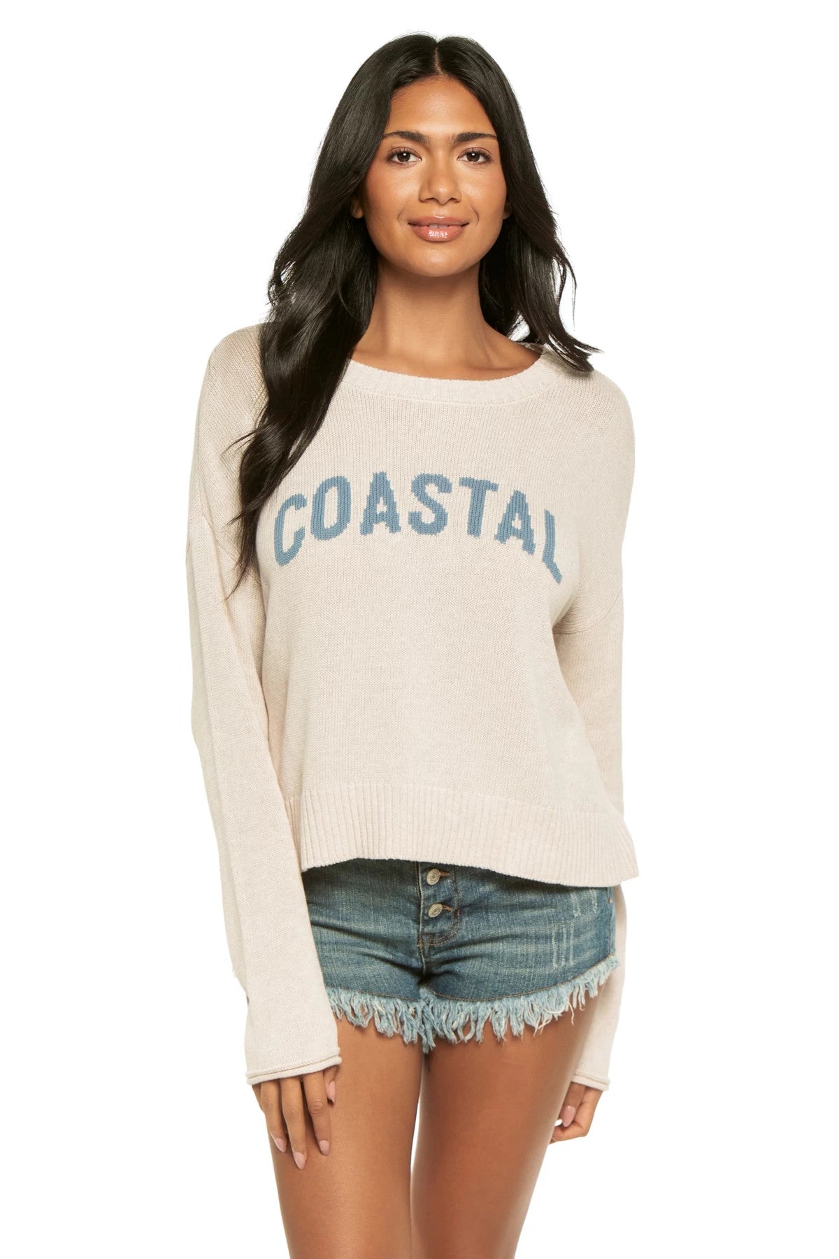 Lightweight crewneck sweater with relaxed fit and coastal graphic detail styled with denim shorts