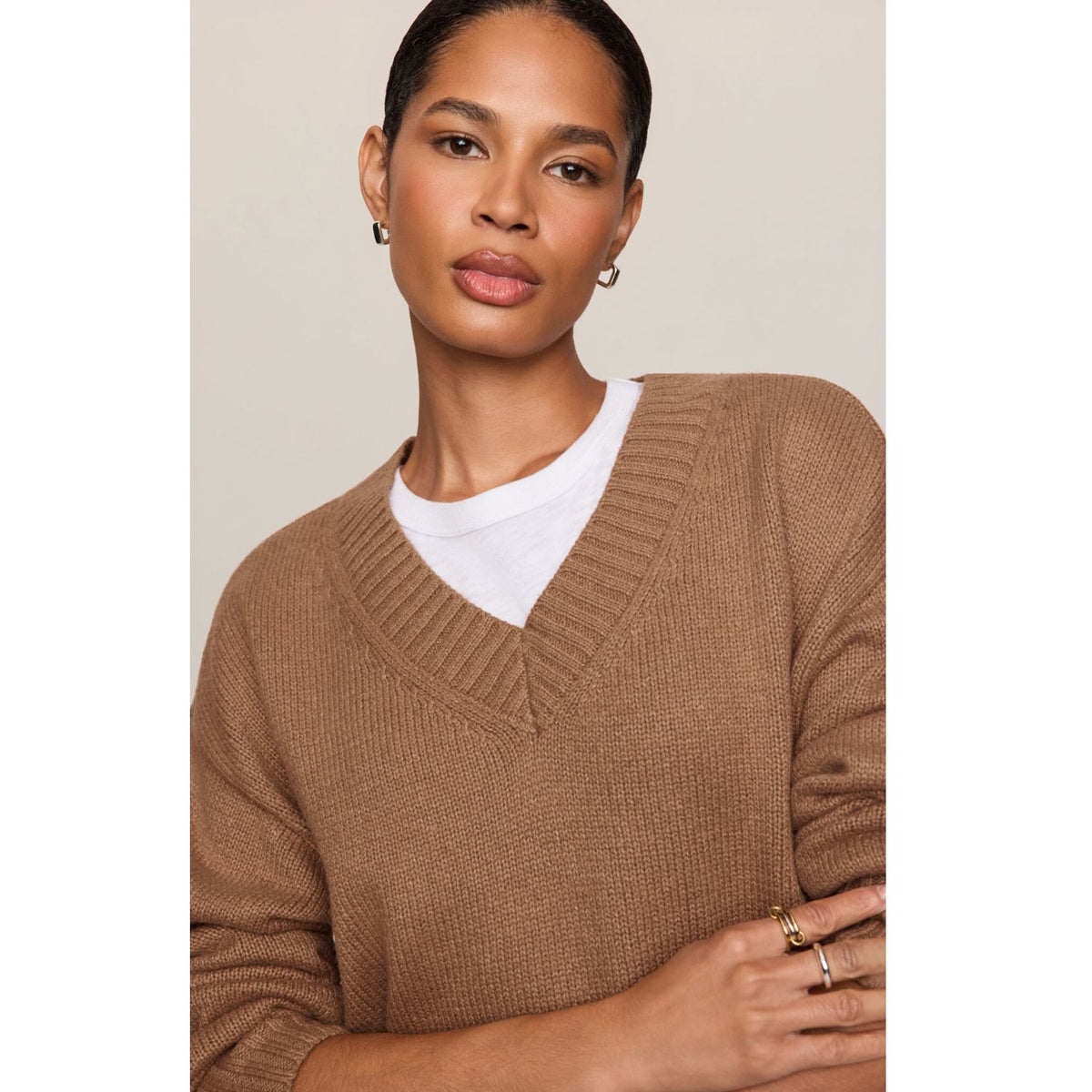 Cloud Spun V-Neck Sweater – Golden Caramel, long-sleeve knit sweater with V-neckline and ribbed trim