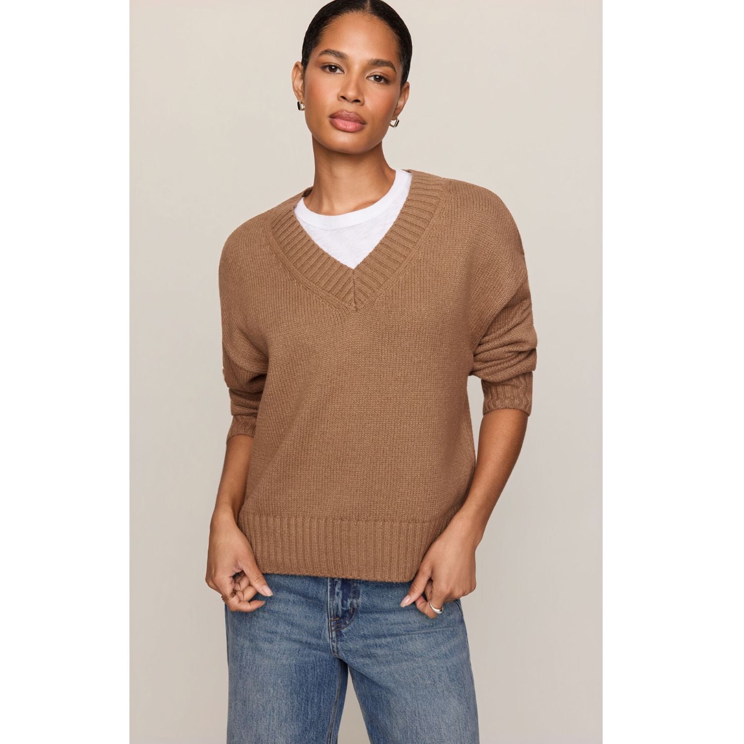 Cloud Spun V-Neck Sweater – Golden Caramel, long-sleeve knit sweater with V-neckline and ribbed trim