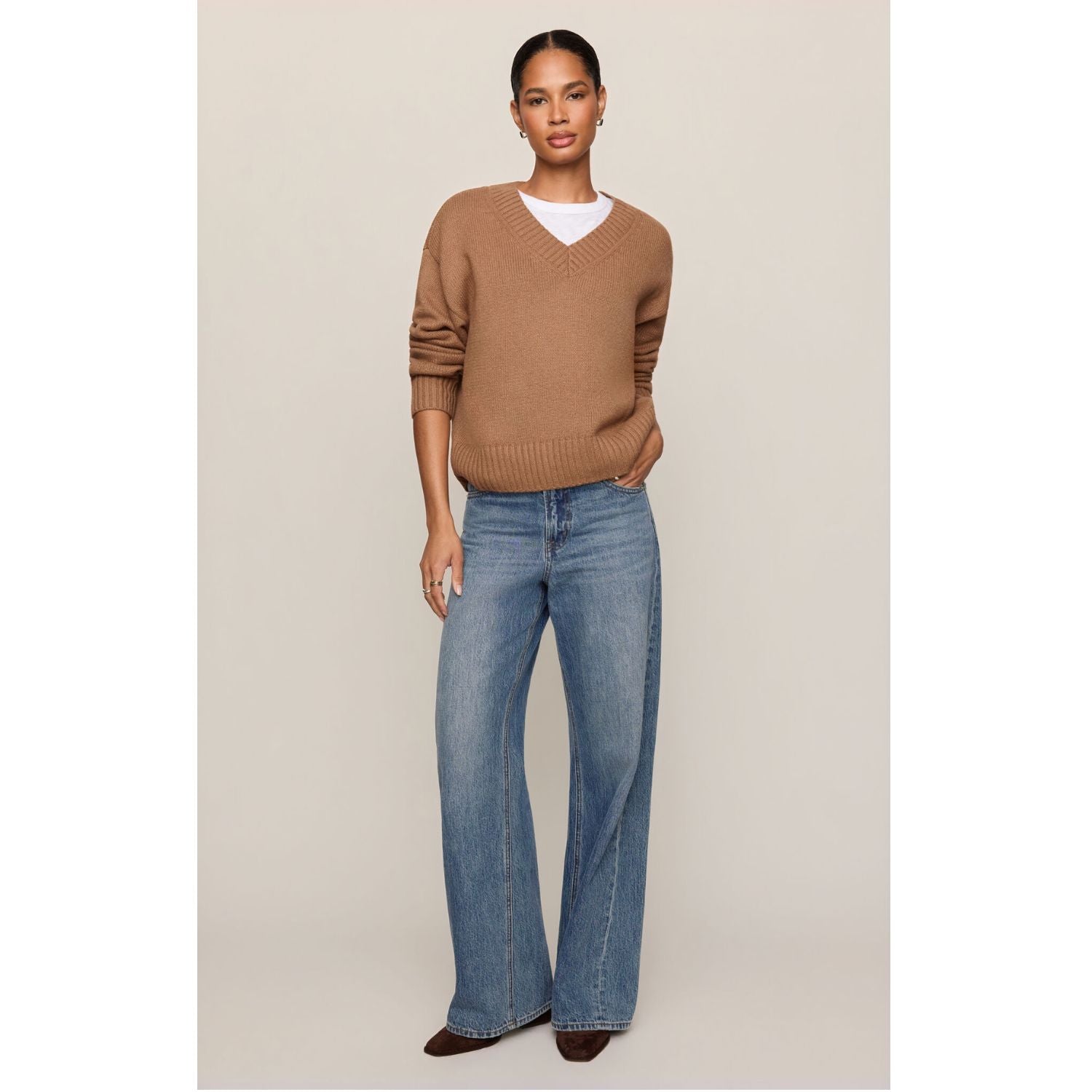 Cloud Spun V-Neck Sweater – Golden Caramel, long-sleeve knit sweater with V-neckline and ribbed trim