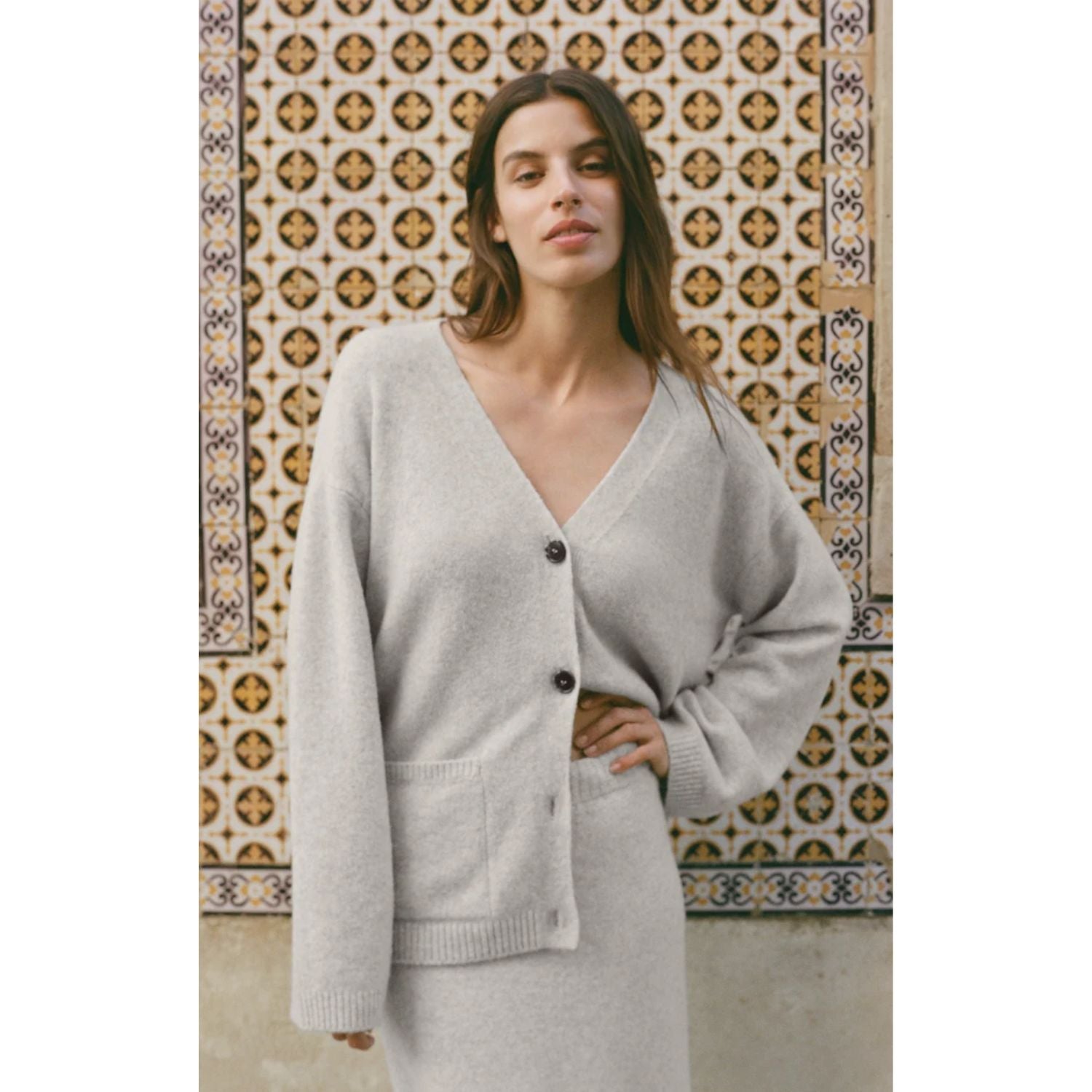 Cozy Moment Cardigan with V-neckline, button front, long sleeves, and oversized patch pockets