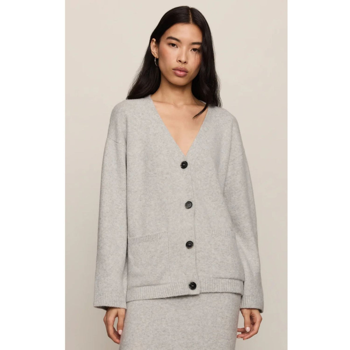 Cozy Moment Cardigan with V-neckline, button front, long sleeves, and oversized patch pockets