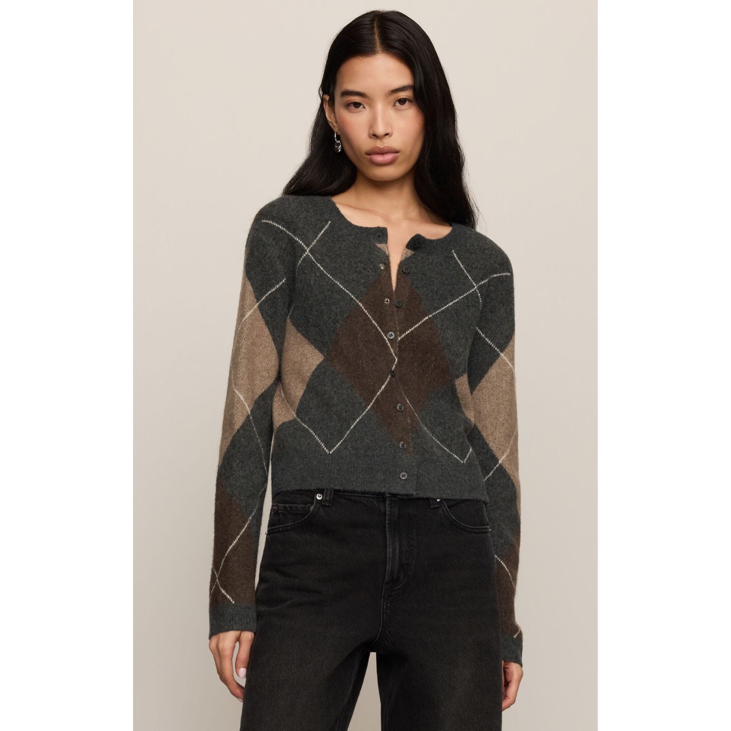 Medina Stripe Cardigan with crew neckline, long sleeves, and button-front closure.