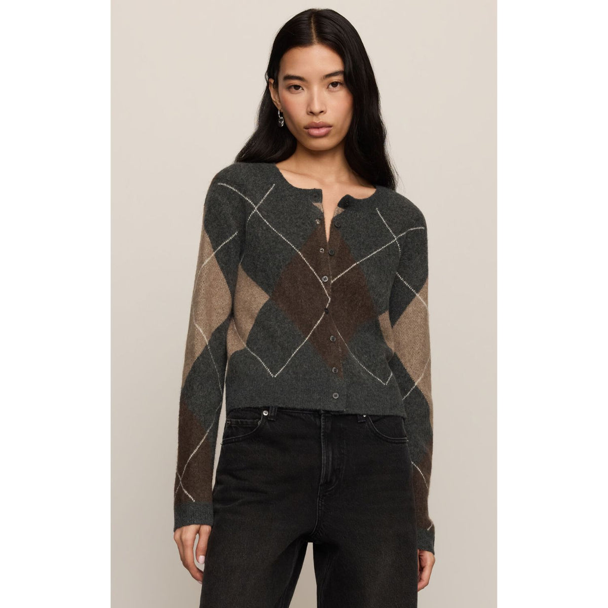 Medina Stripe Cardigan with crew neckline, long sleeves, and button-front closure.