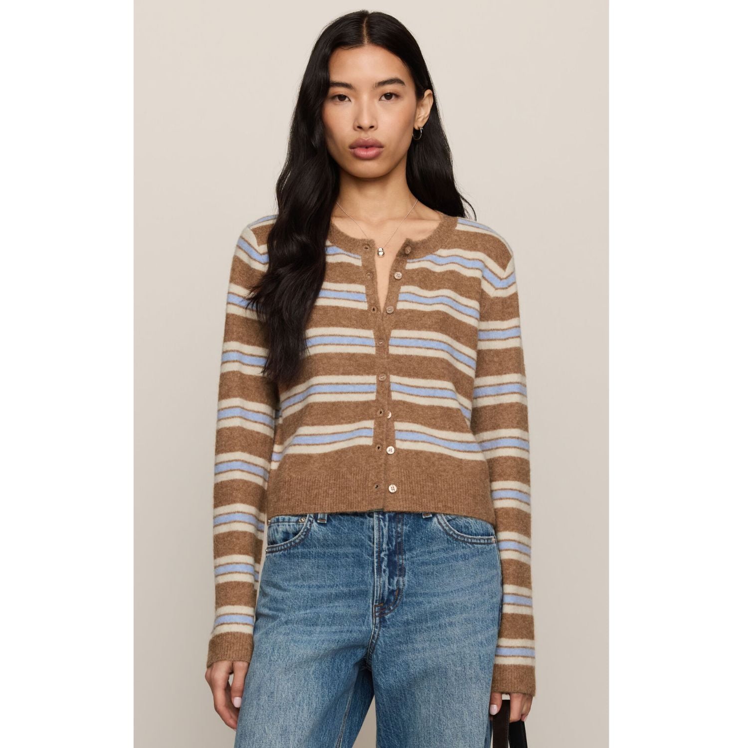 Medina Stripe Cardigan is striped button-front cardigan with crew neckline and long sleeves