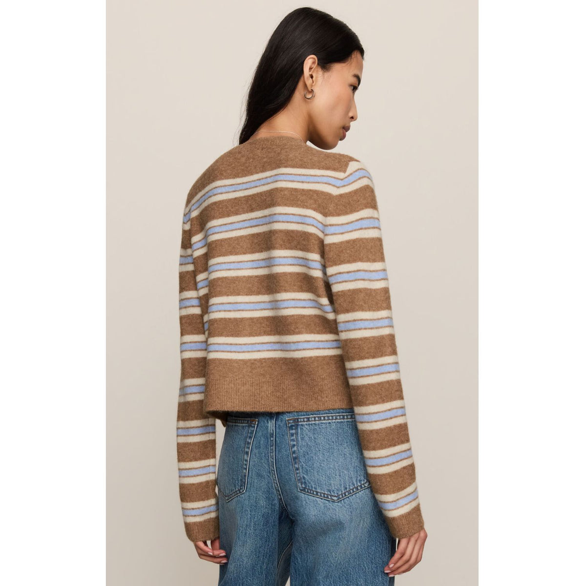 Medina Stripe Cardigan is striped button-front cardigan with crew neckline and long sleeves