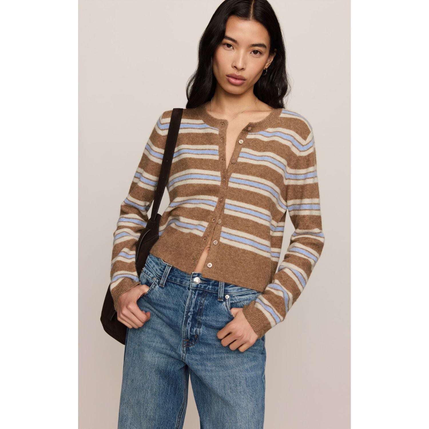 Medina Stripe Cardigan is striped button-front cardigan with crew neckline and long sleeves