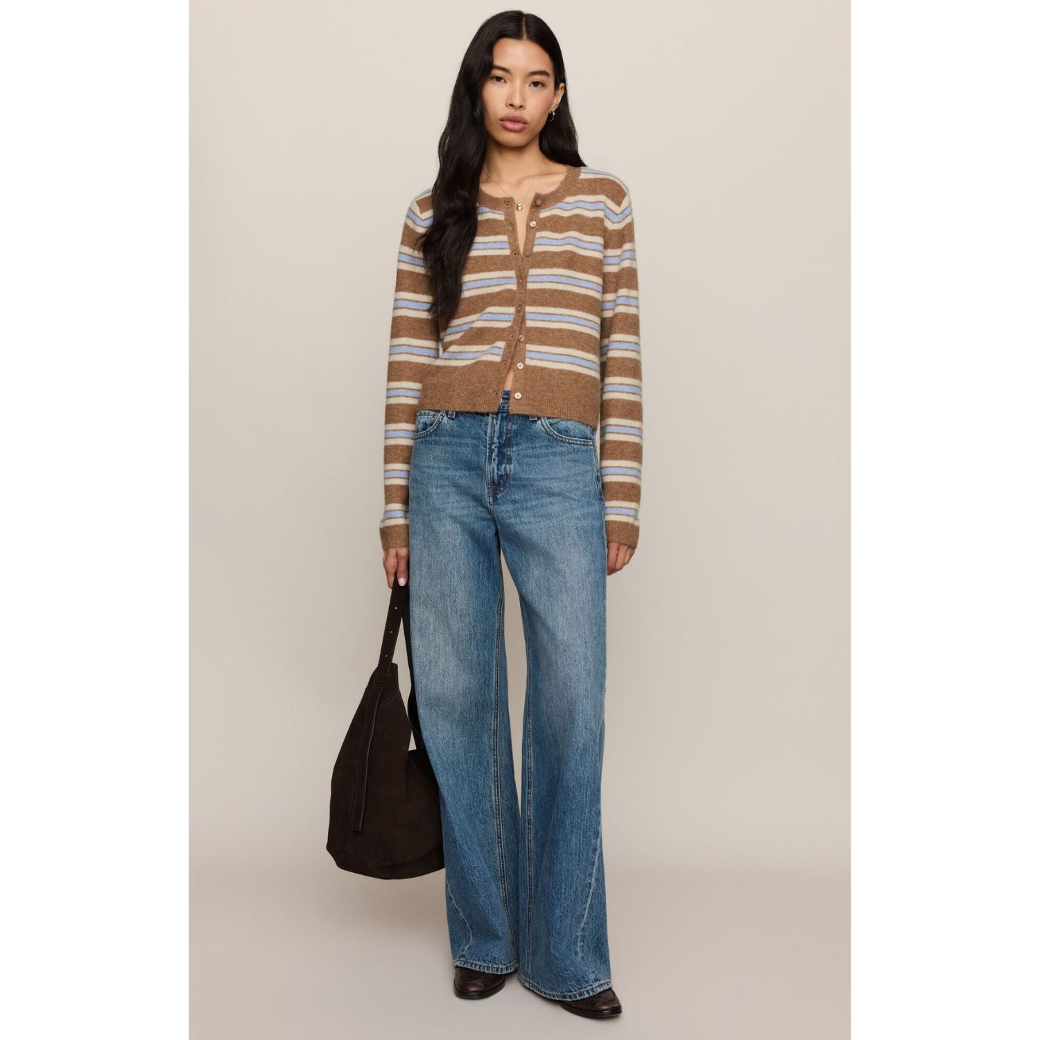 Medina Stripe Cardigan is striped button-front cardigan with crew neckline and long sleeves