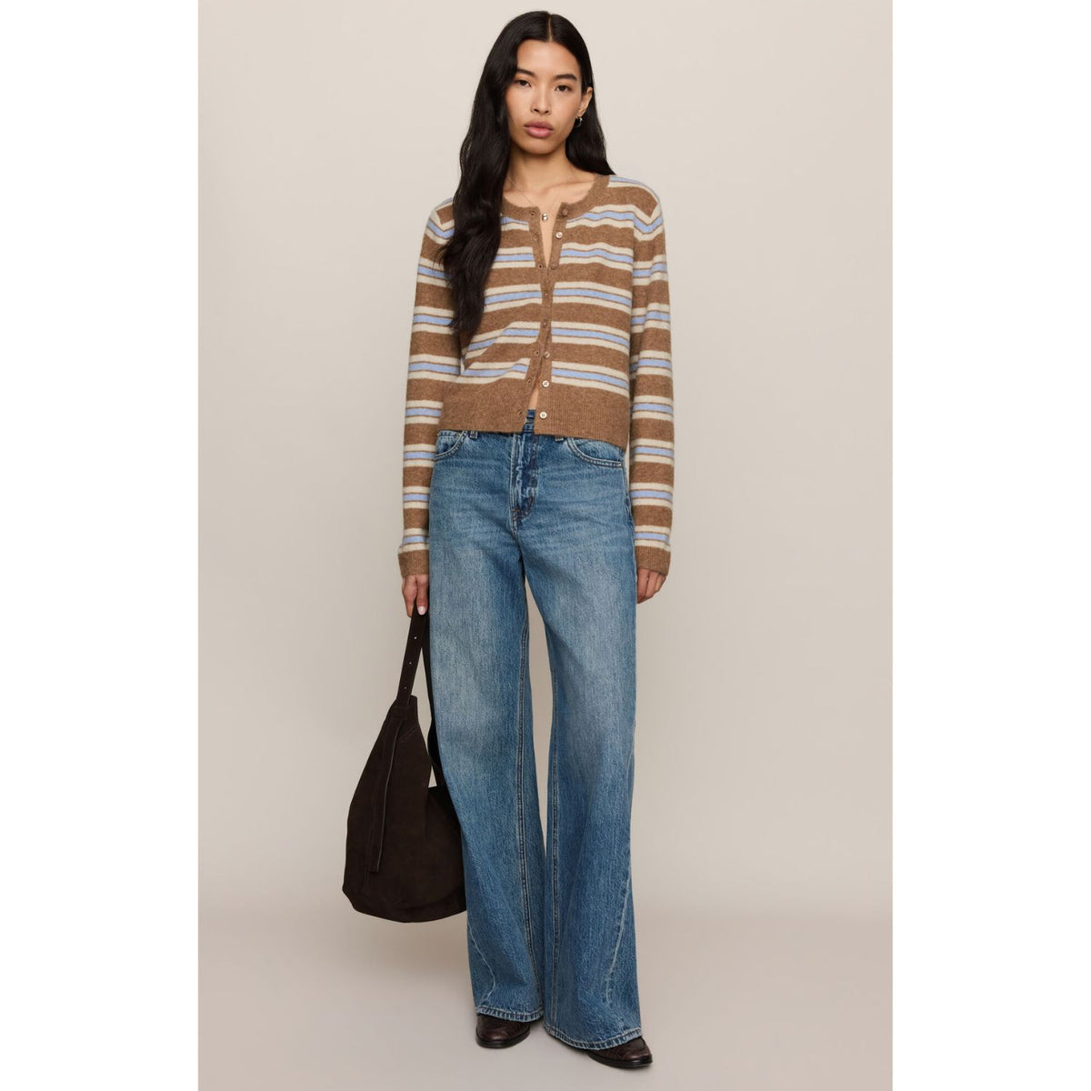 Medina Stripe Cardigan is striped button-front cardigan with crew neckline and long sleeves