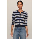Medina Stripe Cardigan is striped button-front cardigan with crew neckline and long sleeves