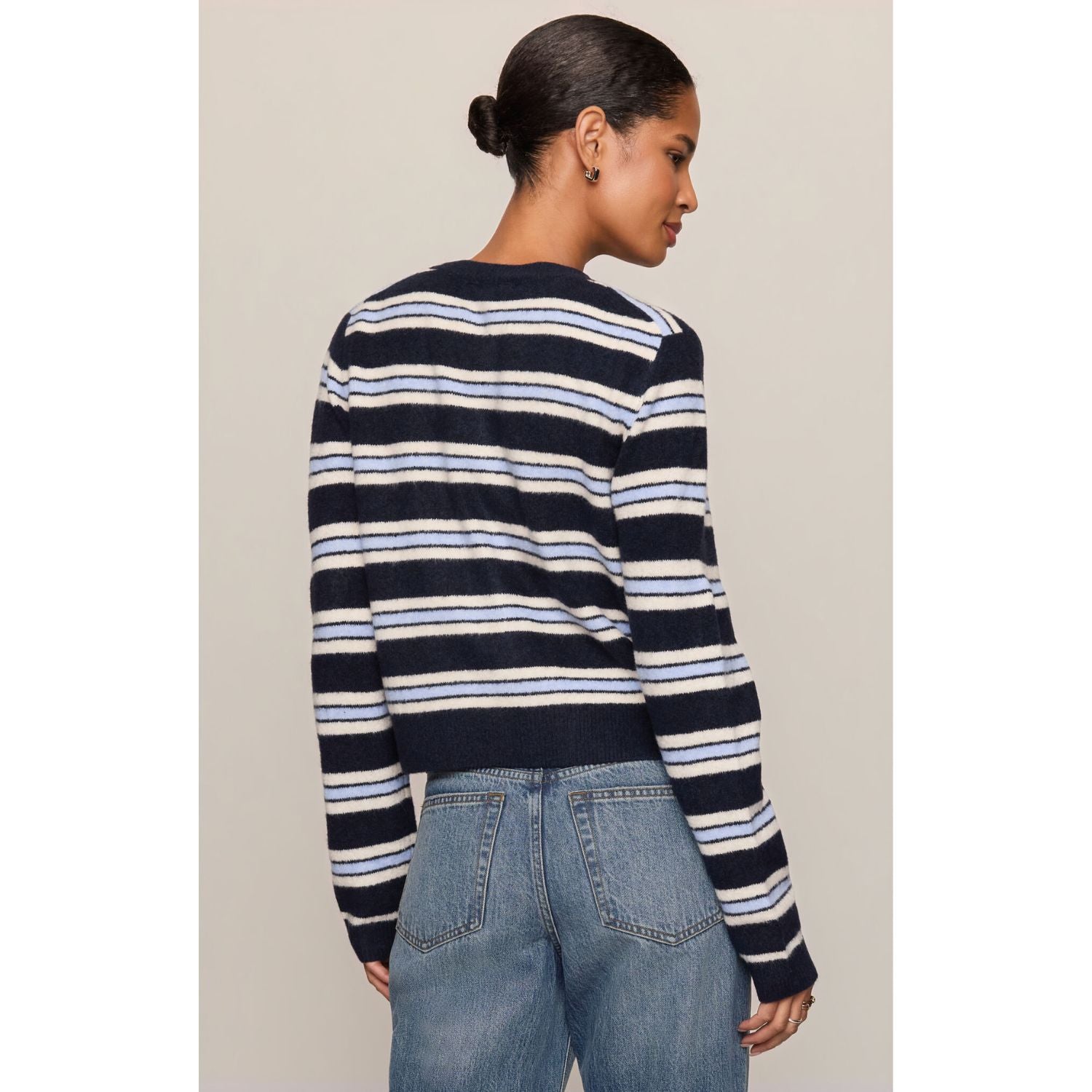 Medina Stripe Cardigan is striped button-front cardigan with crew neckline and long sleeves