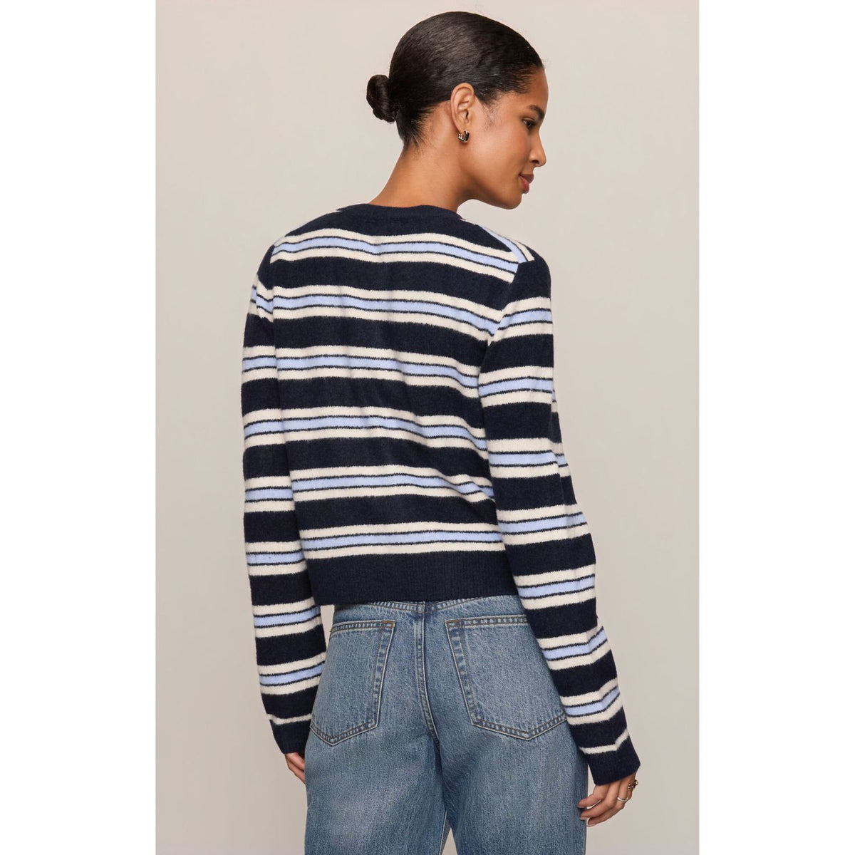 Medina Stripe Cardigan is striped button-front cardigan with crew neckline and long sleeves