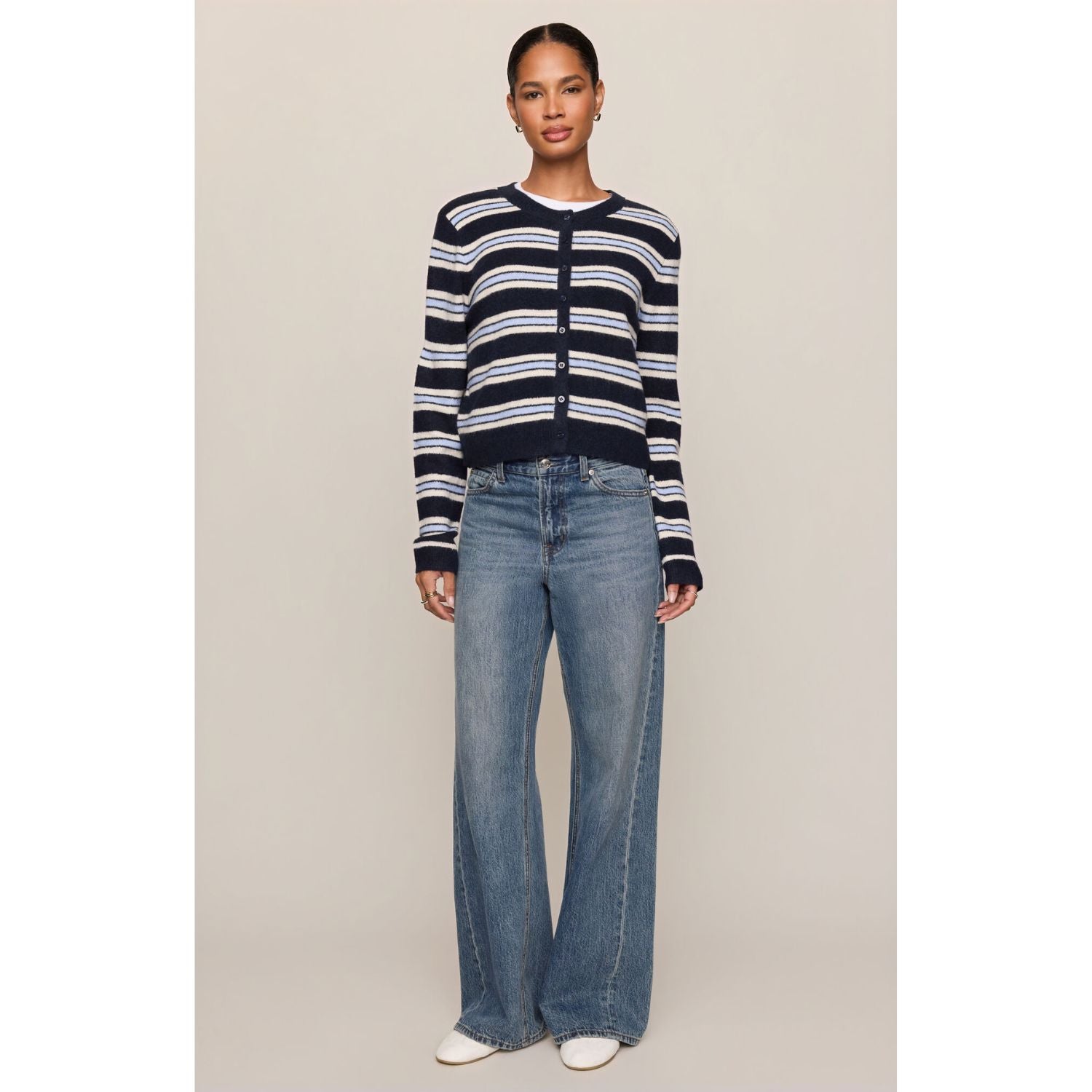 Medina Stripe Cardigan is striped button-front cardigan with crew neckline and long sleeves