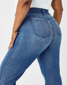 Spanx Kick Flare Jeans Blue. Designed with premium stretch denim, high-rise coverage and hidden core shaping technology, this pull-on jean features a flattering kick flare leg.