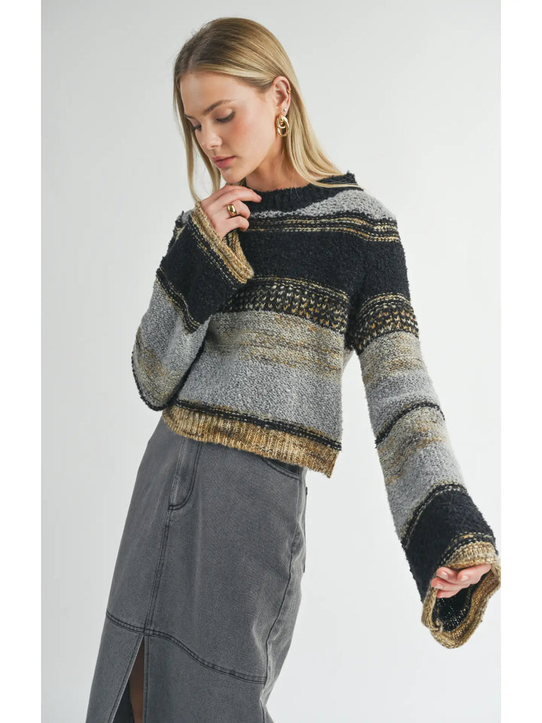 striped sweater, textured knit sweater, cropped knit, cozy fall sweater, grey black stripe top, neutral knitwear, chunky sweater women, soft knit pullover, winter outfit idea, chic fall style