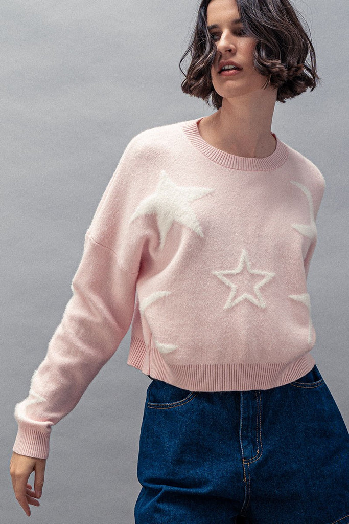 star sweater women, pink knit sweater, cozy cropped sweater, playful knit top, women’s statement sweater, blush pink sweater, casual fall sweater, soft knit sweater women