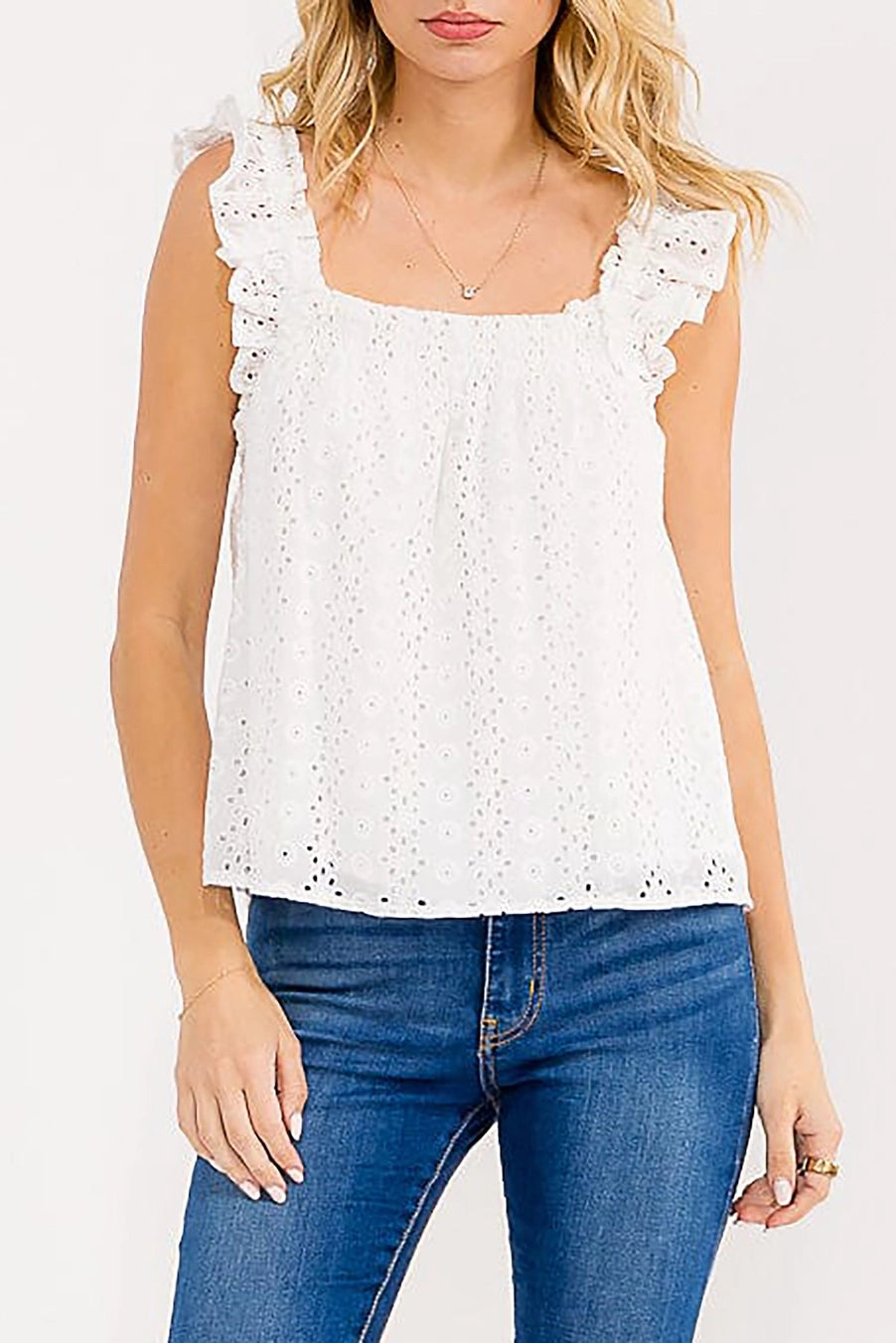 eyelet top women, sleeveless eyelet top, square neck top women, boutique summer top, ruffle strap top, feminine casual top, everyday sleeveless blouse, warm weather top women, classic eyelet blouse
